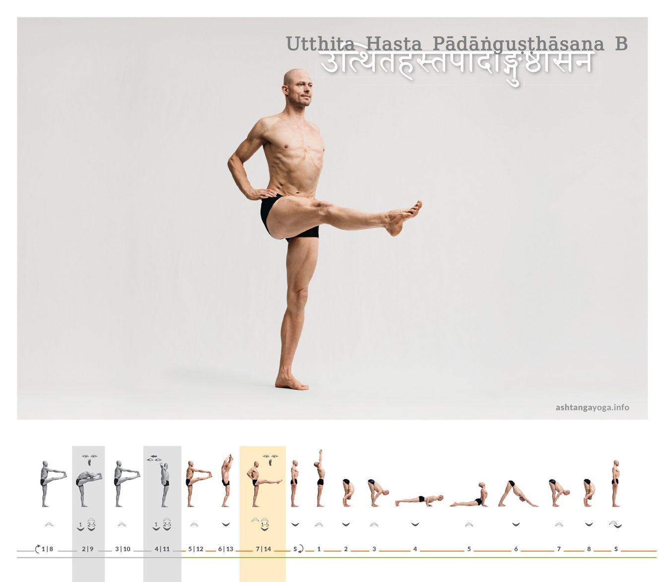 Utthita Hasta Padangushthasana B In the „Continuation to the standing pose with the big toe to the hand“ the practitioner hold the legs in the air horizontally without the support of his arm- Utthita Hasta Padangushthasana.