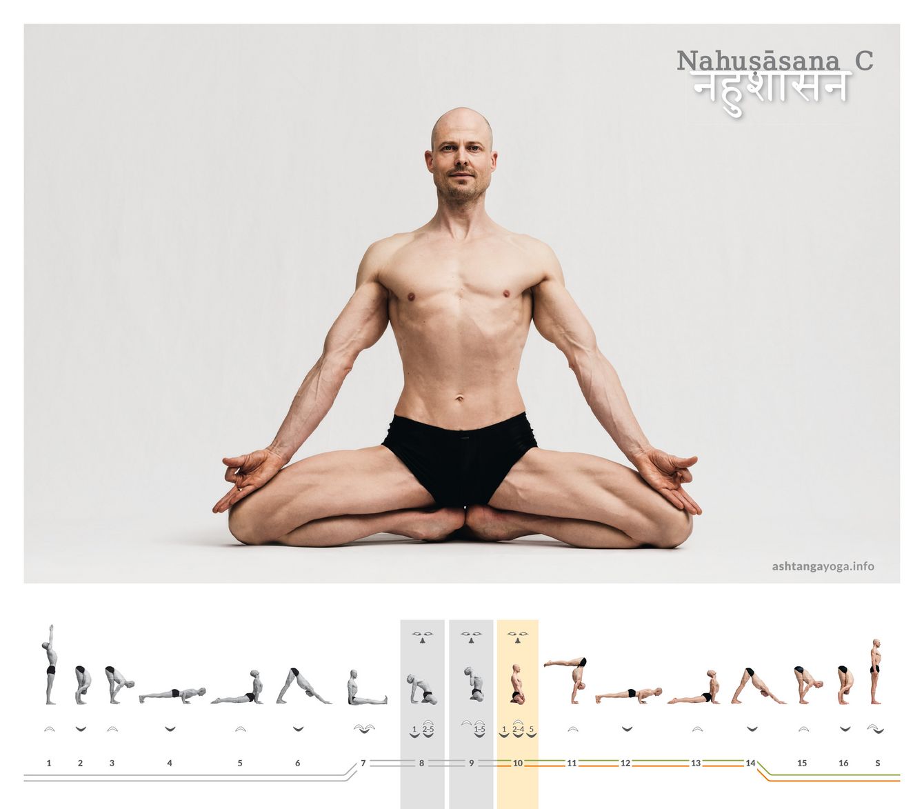 Nahuṣāsana C is the third of three almost identical postures built on Mūla Bandhāsana. The hands now rest meditatively in Cinmudrā on the knees, and the gaze is lowered again.