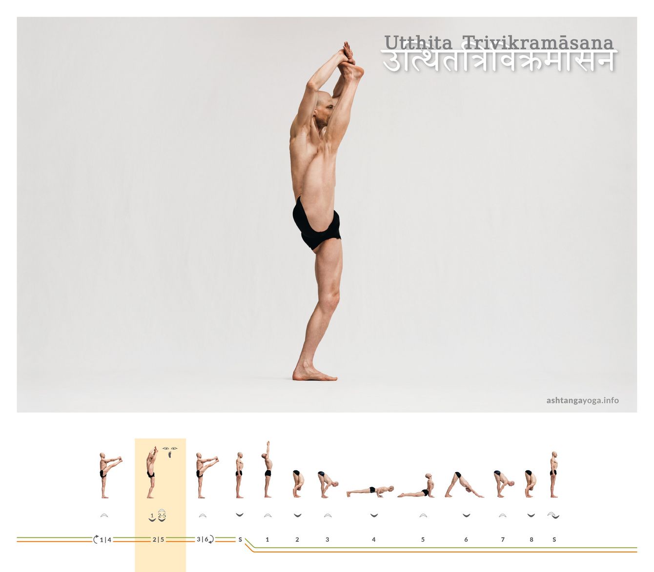One leg bears the weight while the other rises high: Utthita Trivikrāmāsana combines balance with a maximal leg line. The posture becomes steady when you grow upward and keep the pelvis quiet.