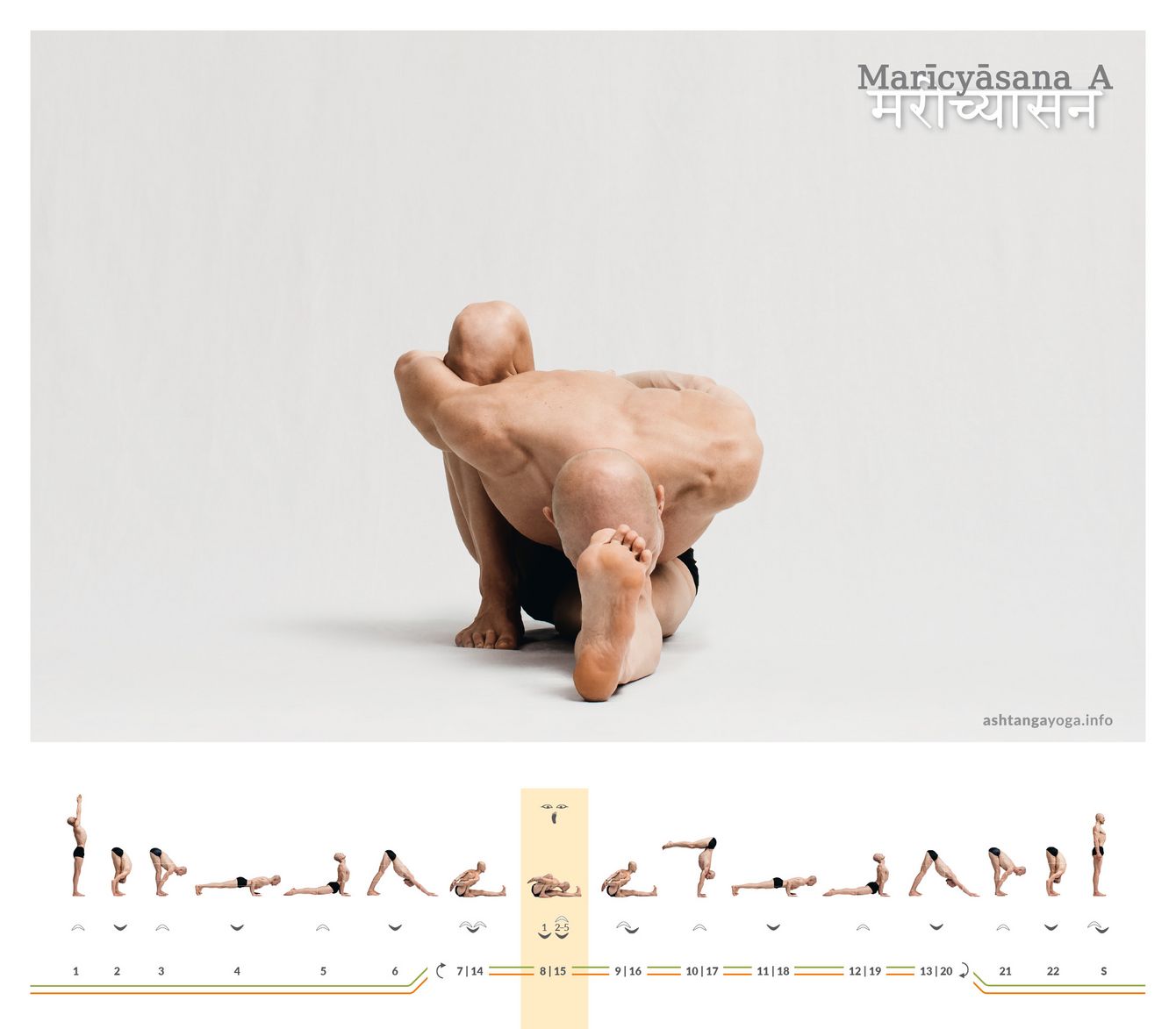 The first of four poses dedicated to the sage Marichi. Characteristic of this series of poses is the bent-knee leg which is placed down and drawn close to the body. In Variant A, the arm on the side of the drawn in leg grasps the wrist of the opposite side - Marichyasana A.