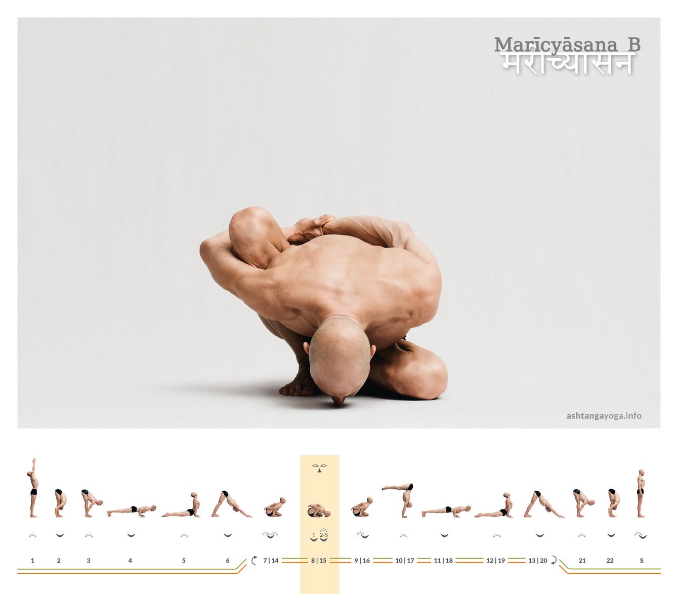 Marichyasana B builds on Marichyasana A. The bents and drawn in knee remains the same while the other leg folds in the lotus position. 