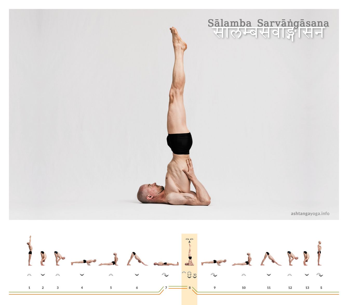 Der “Schulterstand” ist eine der bekanntesten Yogahaltungen. Der ganze Körper ruht auf den Schultern. Rumpf und Beine weisen senkrecht nach oben - Salamba Sarvangasana.