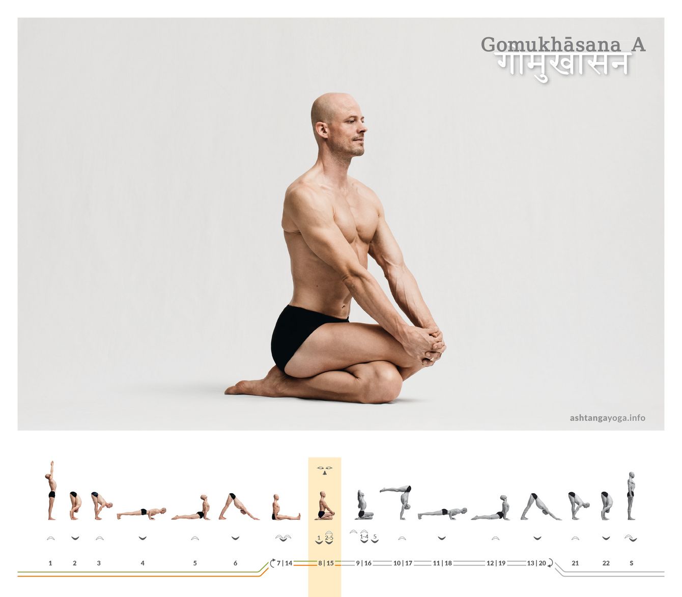 Gomukhasana A Das “Kuhgesicht” ist eine Sitzhaltung. Die Oberschenkel überkreuzen sich. Die Füße befinden sich unter dem Gesäß der Gegenseite. Die Hände sind unter dem oberen Knie gefaltet - Gomukhasana.
