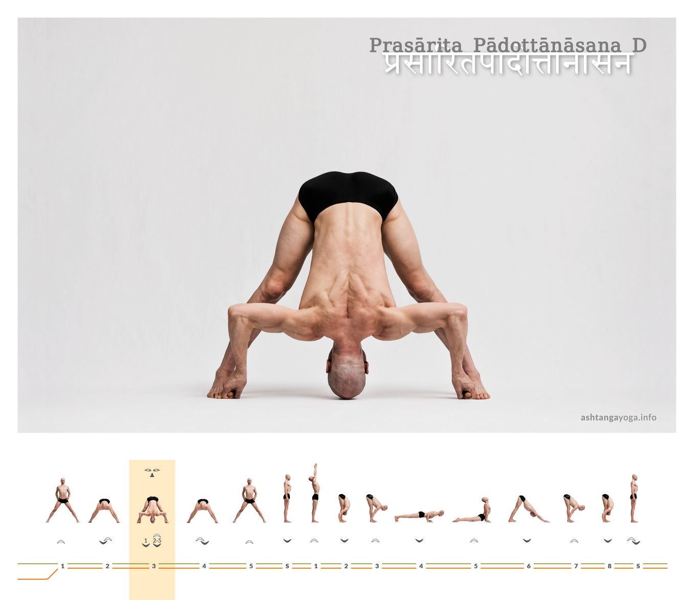 Prasarita Padottanasana D In der vierten Version der “Ausgestreckten Haltung mit ausgebreiteten Füßen” - Prasartia Padottanasana befinden sich die Füße etwa in einer Körperlänge Abstand und der Oberkörper in einer Vorbeuge. Die Hände fassen mit zwei Fingern die großen Zehen.