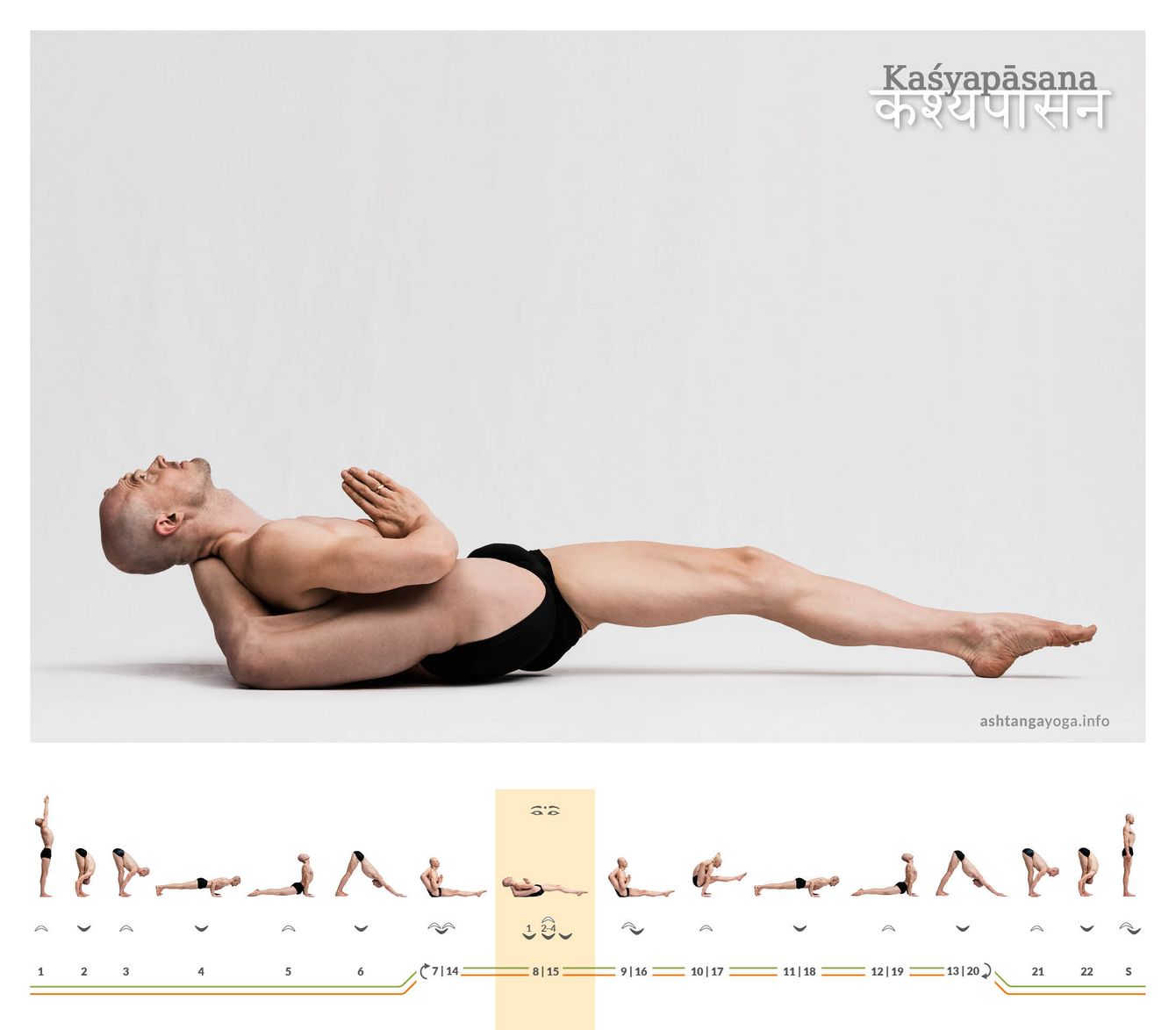 The "Pose Named after Kashyapa" is the first of five poses with one foot behind the head. In this variation, we are in a supine position.