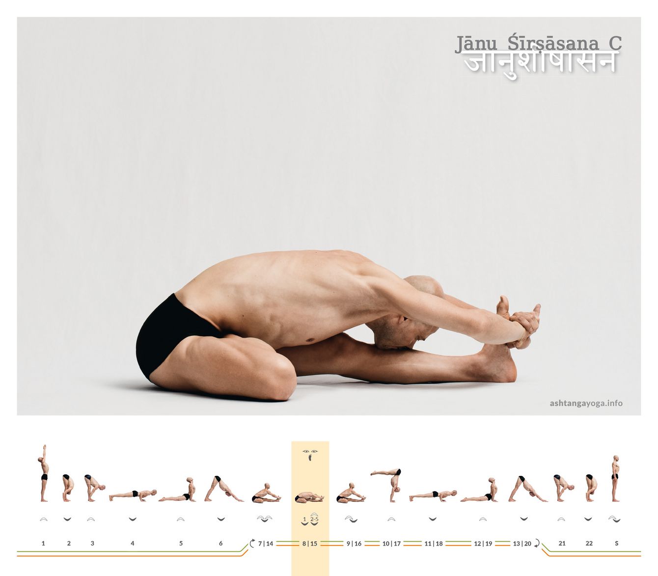 In the third variant of the “Head and Knee pose” places the ball of the foot down with the heel raised and clamps the foot between both thighs - Janu Shirshasana C.