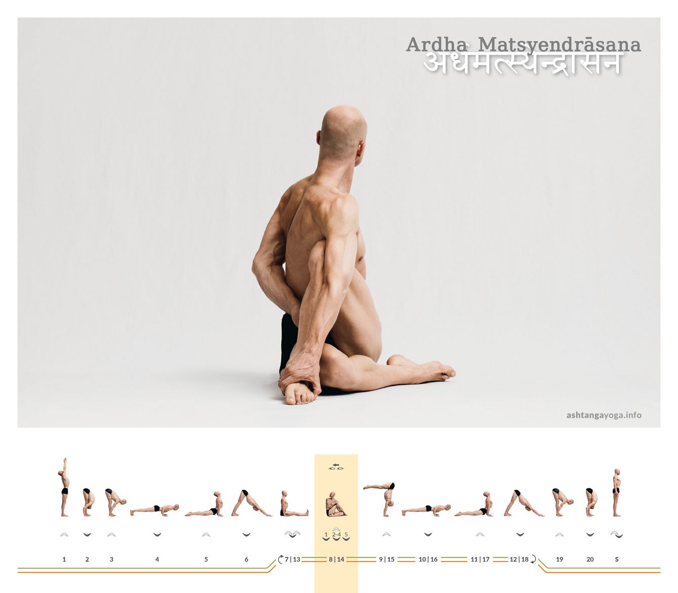 Der “Drehsitz” ist eine der klassischen Haltungen, die schon in alten Texten des Hatha Yoga beschrieben sind. Ein Bein befindet sich gebeugt am Boden, das andere ist darüber gestellt - Ardha Matsyendrasana. 