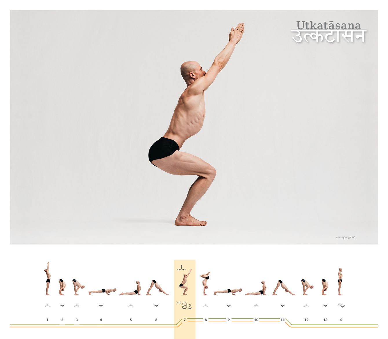 The „Intense Posture“ is a standing posture where the knees are bent in the same way as if you were to sit down on a chair. The arms lengthen powerfully toward the sky - Utkatasana. 