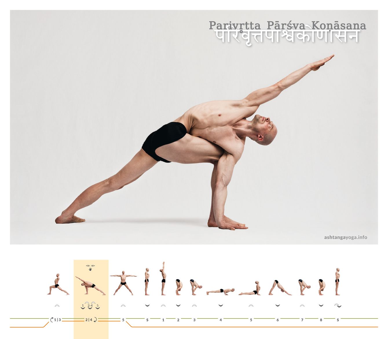 Der “Gedrehte Winkel” ist eine Standhaltung mit quer stehendem Becken, gebeugtem vorderen Bein und intensiver Drehung im Oberkörper über das vordere Bein -  Parivritta Parshva Konasana.