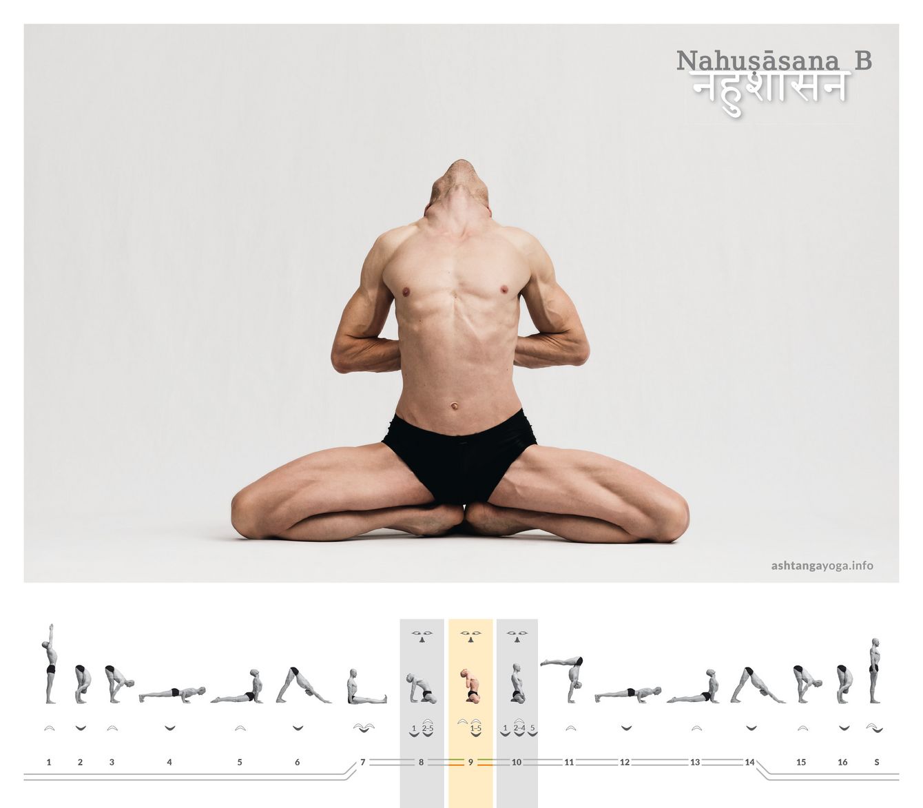 Like Nahuṣāsana A, Nahuṣāsana B is built on Mūla Bandhāsana. The hands now join behind the back between the shoulder blades, and the gaze lifts upward. The posture symbolizes devotion and opening.