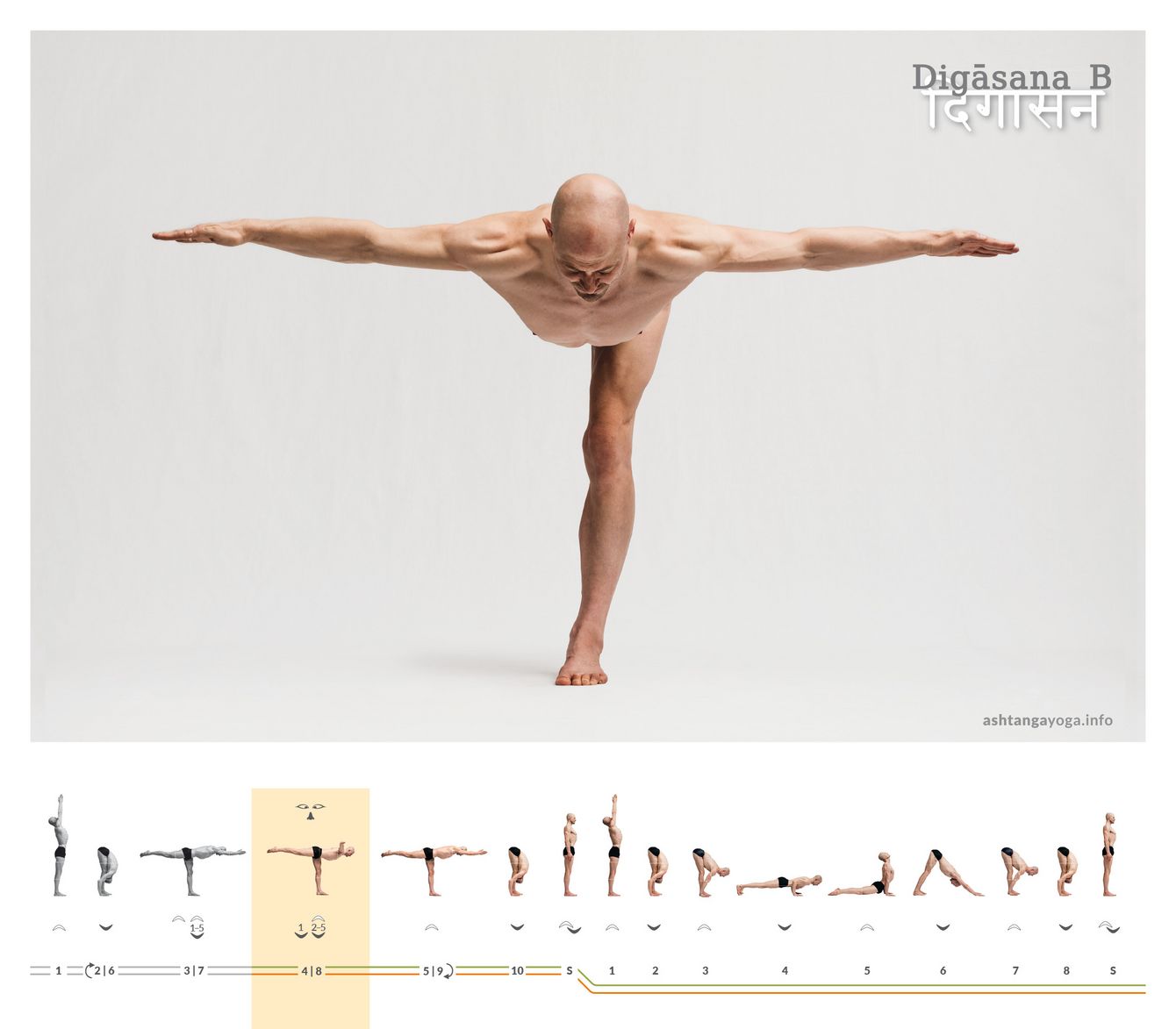 One leg bears the weight, the torso becomes horizontal, and the arms open to the sides: Digāsana B trains balance with clear width. The posture becomes steady when you hold axis and spaciousness at the same time.