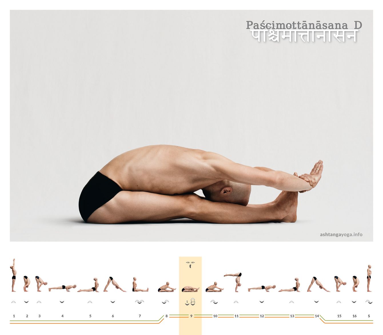 Pashchimottanasana D In the fourth version of the "seated forward bend" (paschimottanasana), the hands grasp one another around the feet. The right hand grasps the left wrist.