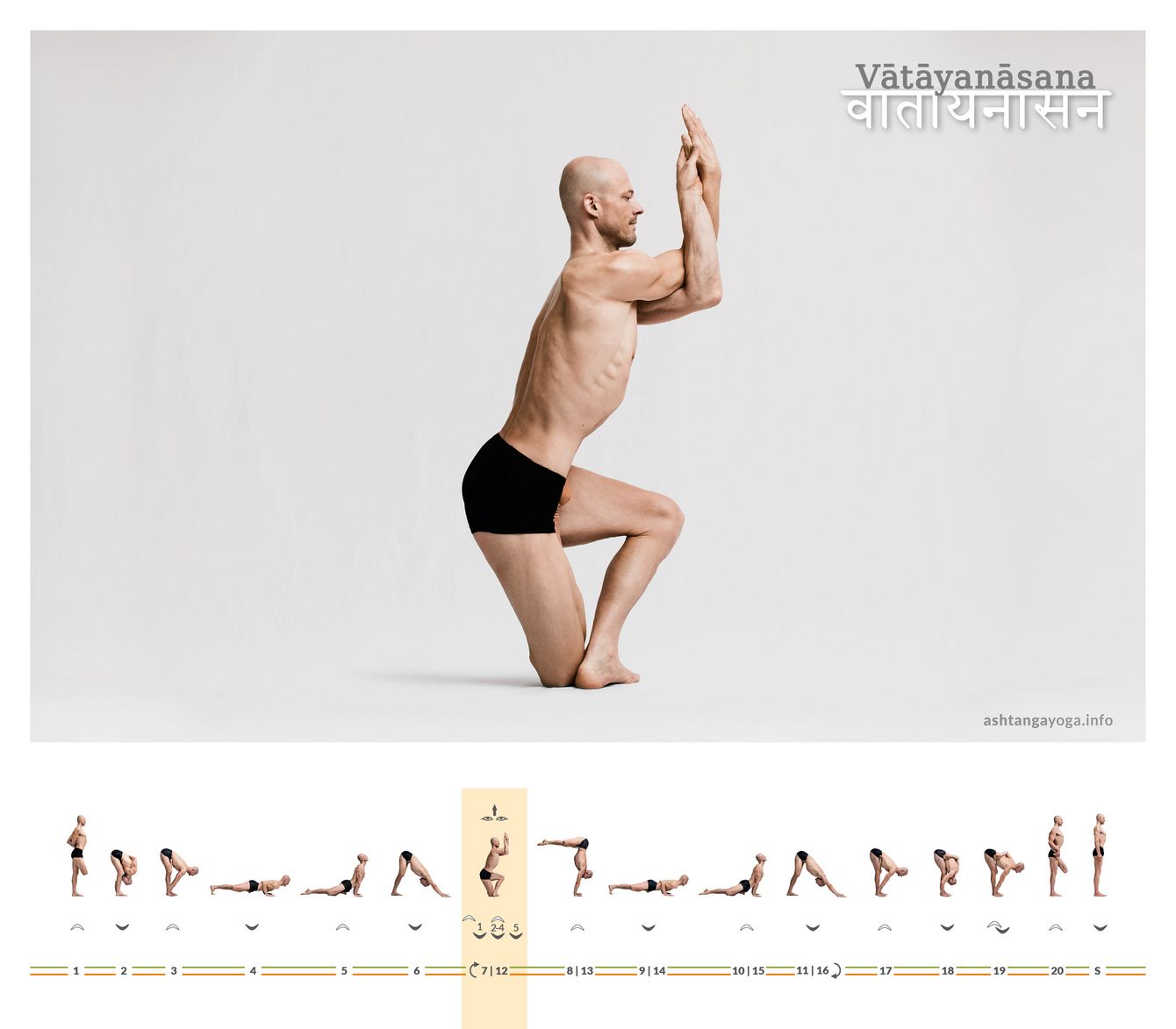 Vatayanasana Im “Pferd” befindet sich ein Fuß in der halben Lotusposition. Der*die Übende balanciert auf diesem Knie und dem davor quer aufgestellten anderen Fuß. Der Oberkörper und die umeinander gewundenen Arme wachsen nach oben - Vatayanasana.