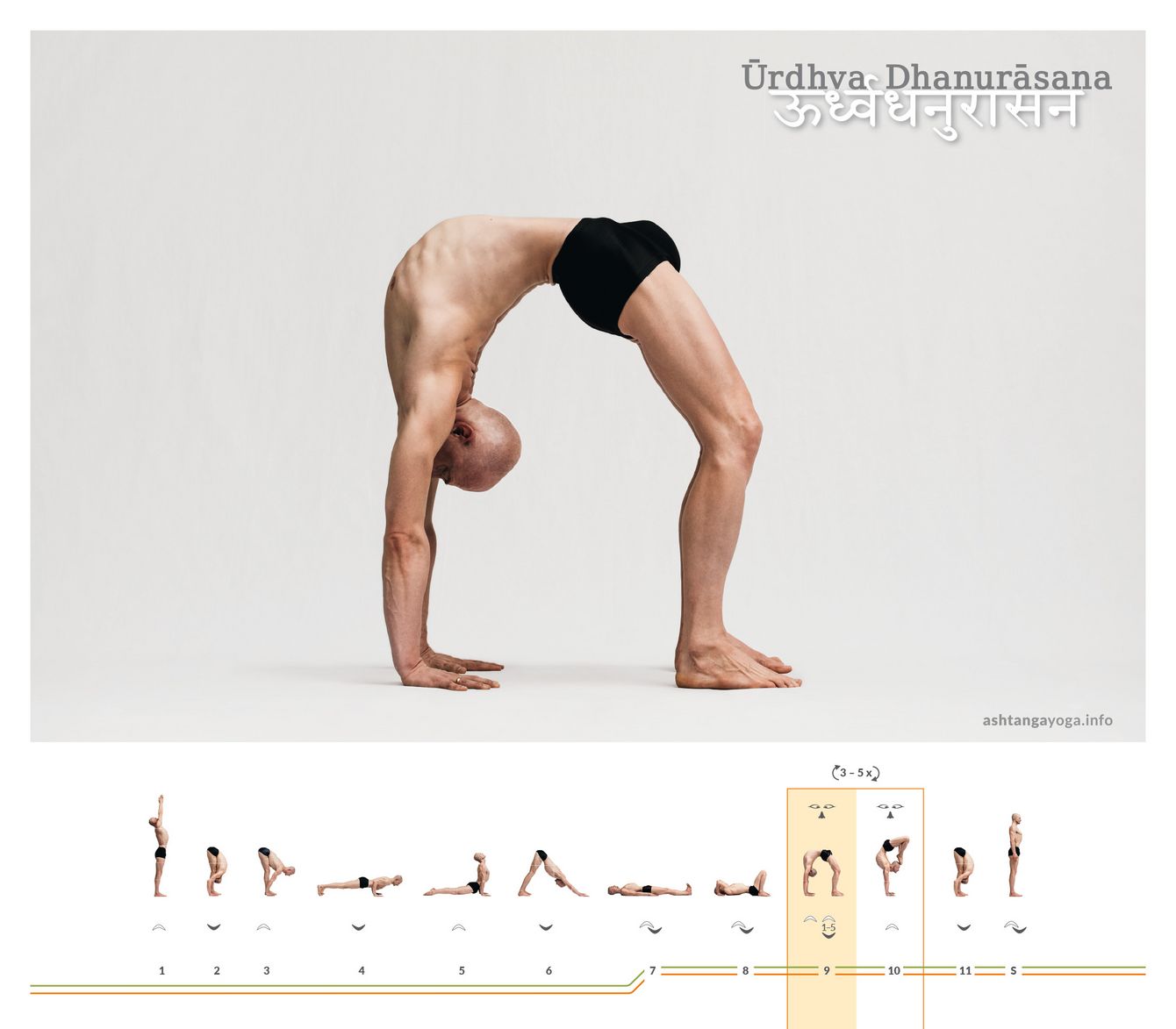 Urdhva Dhanurasana is a backbend with an upward-facing front body, defined only by the touch of hands and feet to the ground - an upward-facing bow.