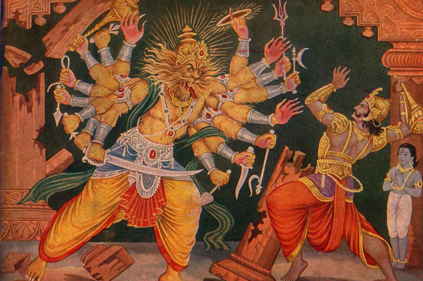 Narasinha greift Hiranyakashipu an - Aus einer Bhagavata Purana (um 18. Jh.)