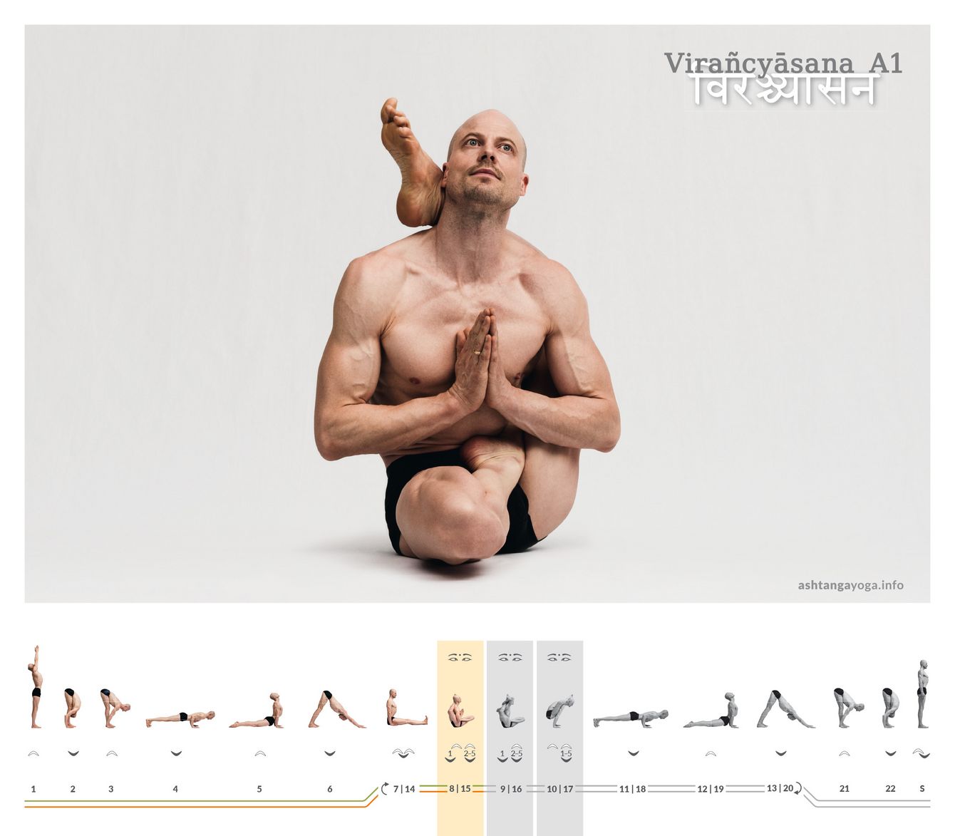 One leg in Lotus, the other behind the head: Virañcyāsana A1 challenges hips, knees, and focus—order emerges when breath and alignment work together with precision in space.