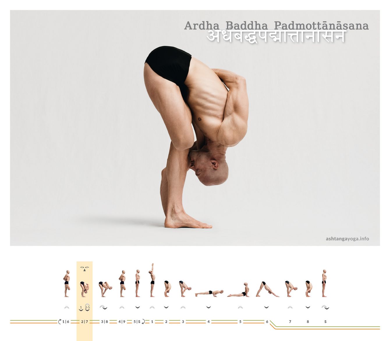 The  "Intense half-bound lotus pose“ is a one-legged standing forward bend with the other leg in the lotus position - Ardha Baddha Padmotanasana.