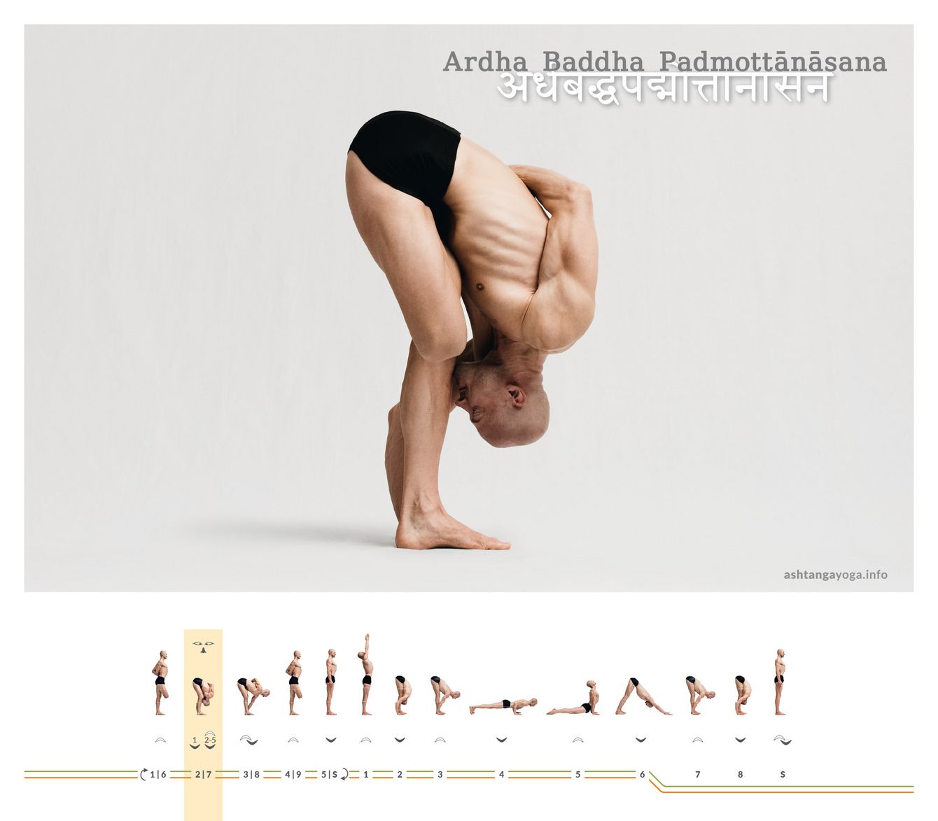 Ardha Baddha Padmottanasana The "Intense half-bound lotus pose“ is a one-legged standing forward bend with the other leg in the lotus position - Ardha Baddha Padmotanasana.